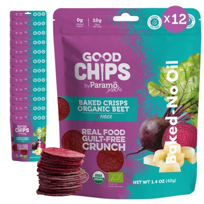 Baked Organic Beet & Yacon Crisps by GOOD CHIPS! Crispy, Crunchy, Oil-Free, No Added Salt, Organic, High Fiber, Prebiotic Superfood, Healthy Vegan Snack - 1.4 oz bags - Pack of 12