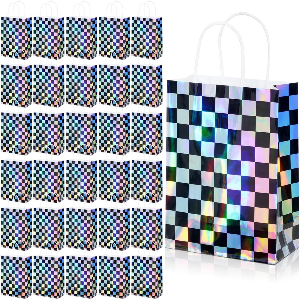 32Pcs Iridescent Checkered Race Car Party Favor Bags, Black and Iridescent Goodie Bags With Handles, Laser Plaid Kraft Paper Candy Gift Treat Bags for Kids Fast Race Birthday Party Decorations