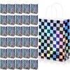 32Pcs Iridescent Checkered Race Car Party Favor Bags, Black and Iridescent Goodie Bags With Handles, Laser Plaid Kraft Paper Candy Gift Treat Bags for Kids Fast Race Birthday Party Decorations view 1