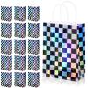 16Pcs Iridescent Checkered Race Car Party Favor Bags, Black and Iridescent Car Goodie Bags with Handles, Laser Plaid Kraft Paper Candy Gift Treat Bags for Kids Fast Race Car Birthday Party Decorations view 1