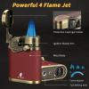 XIFEI Cigar Torch Lighter, Refillable Desktop Butane Lighter Windproof 4 Jet Flame, Cigar Holder Cigar Accessories, Adjustable Flame Rocker Arm Lighters Gift for Men (Red) view 4
