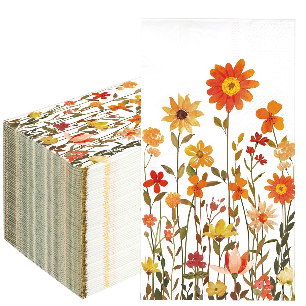 50 Pcs Fall Floral Guest Napkins Disposable Autumn Paper Hand Towels 3 Ply Thanksgiving Watercolor Wildflower Dinner Napkins for Harvest Wedding Birthday Flower Themed Party Supplies, 4.3 x 7.9 Inch