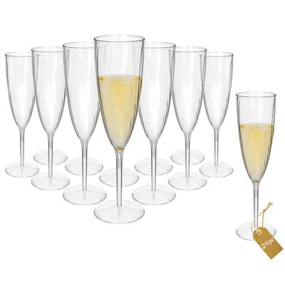 24 Pcs Clear Plastic Champagne Flutes, Hard Disposable Plastic Champagne Glasses, One Piece Design Wine Glasses Cocktail Cups for Home Daily Life Party Wedding Toasting Drinking (24Pcs-6OZ/180ML)