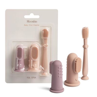 Moonkie Baby Finger Toothbrush Tongue Oral Cleaner Kit for 3 Months +, 3 Pcs (Blush/Pale Mauve/Blush)