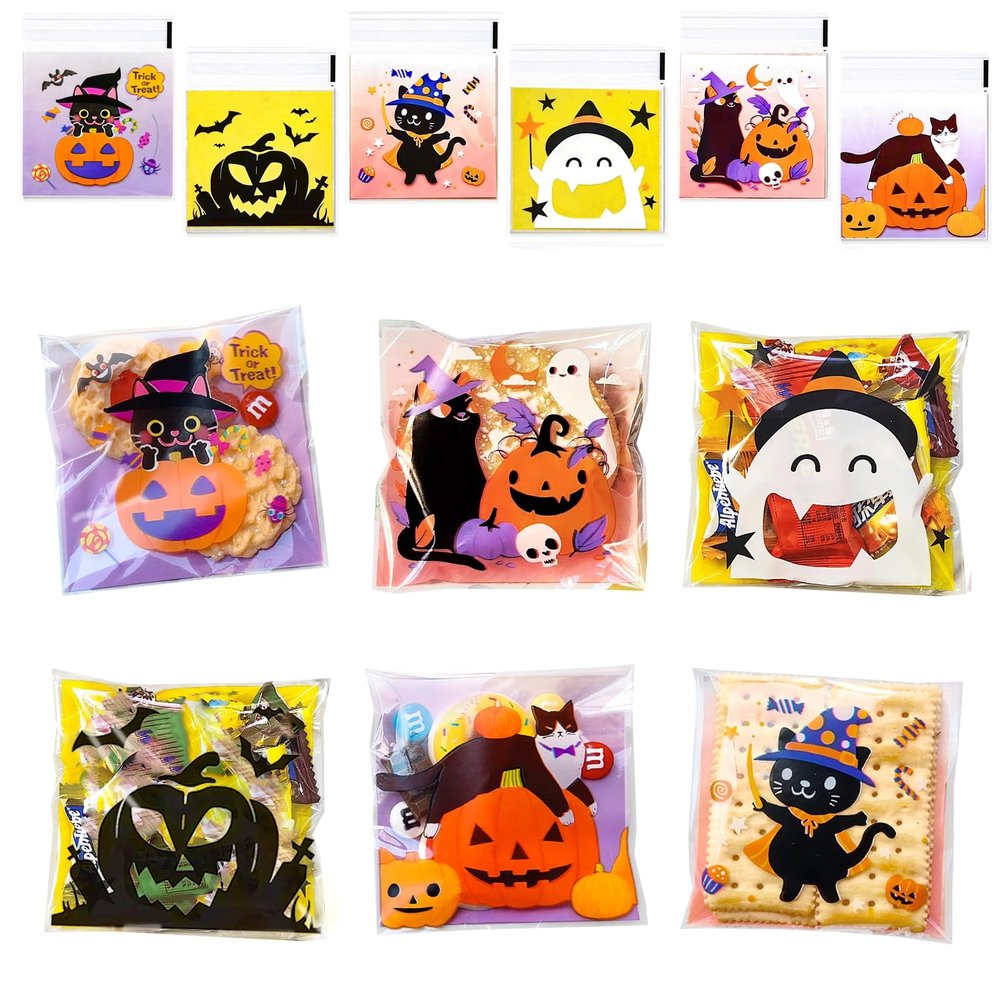 200 Pcs Halloween Candy Bags,Halloween Self Adhesive Cookie Bags,6 Styles Halloween Clear Cellophane Treat bags for Party Favors Supplies