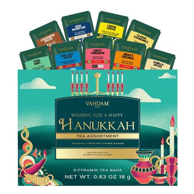 VAHDAM, Limited Edition - Hanukkah Tea Gift Basket | 9 Delicious Variety Pyramid Tea Bags | Perfect Hanukkah Gift for Friends and Family