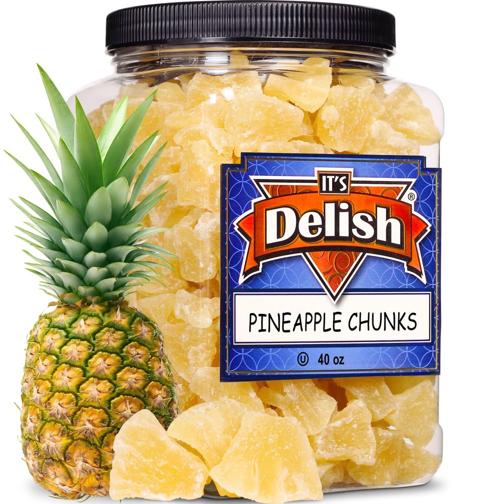 Delicious Dried Pineapple Chunks by It's Delish - 2.5 Lbs Reusable Jumbo Container | Lightly Sweetened Candied Fruit, Low Sugar, Vegan & Kosher Dry Fruit Snacks