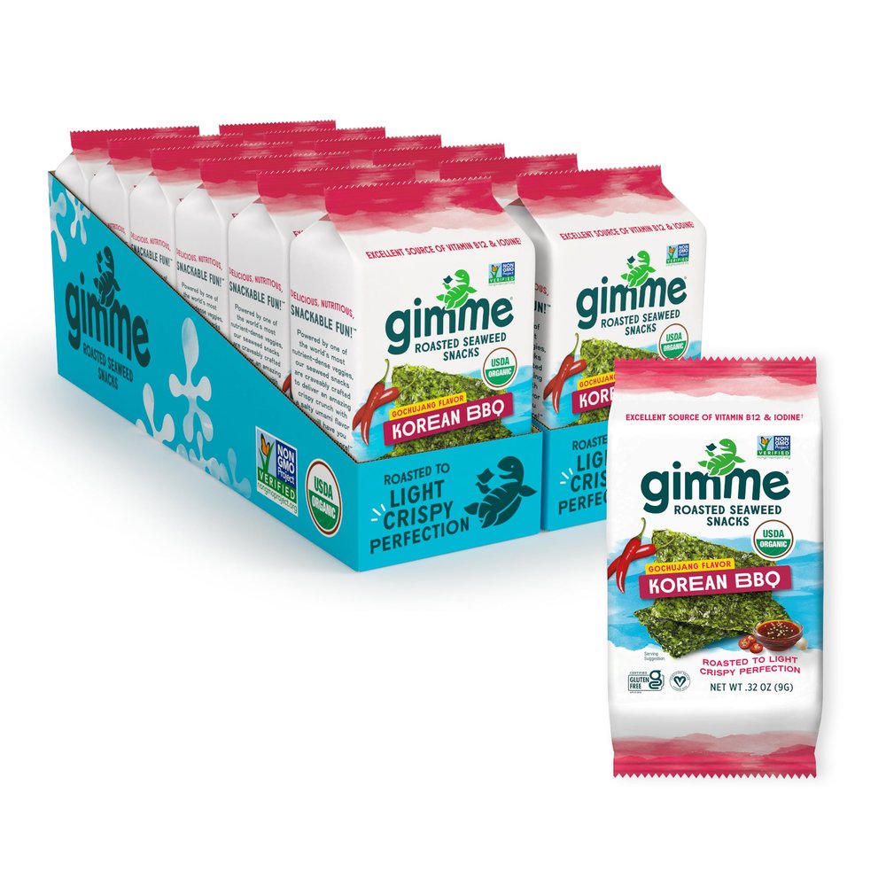 Gimme Seaweed Organic Premium Roasted Seaweed Snacks, Korean BBQ, 12 Count Sharing Size, Keto, Vegan, Gluten-Free, Great Source of Omega3s and Iodine, Healthy On-The-Go Snack for Kids and Adults