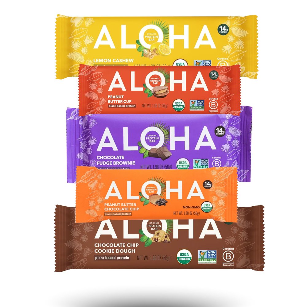 Aloha Protein Bars Organic Plant Based Protein Bars | Lemon Cashew, Peanut Butter Chocolate Chip, Peanut Butter Cup, Chocolate Chip Cookie Dough, Chocolate Fudge Brownie | 1.98-Ounce Bars (Pack of 12) | Low Sugar, Gluten-Free bundled by OMNICOAST GOO