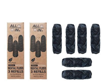 ALL IN Charcoal Floss Refills 6 x 32 Yds Each - Activated Charcoal Dental Floss Refills Only - Unique Stocking Stuffer - BPA Free, Plant Based No PFAS Mint Floss for Plaque Removal, Fresh Breath (6)
