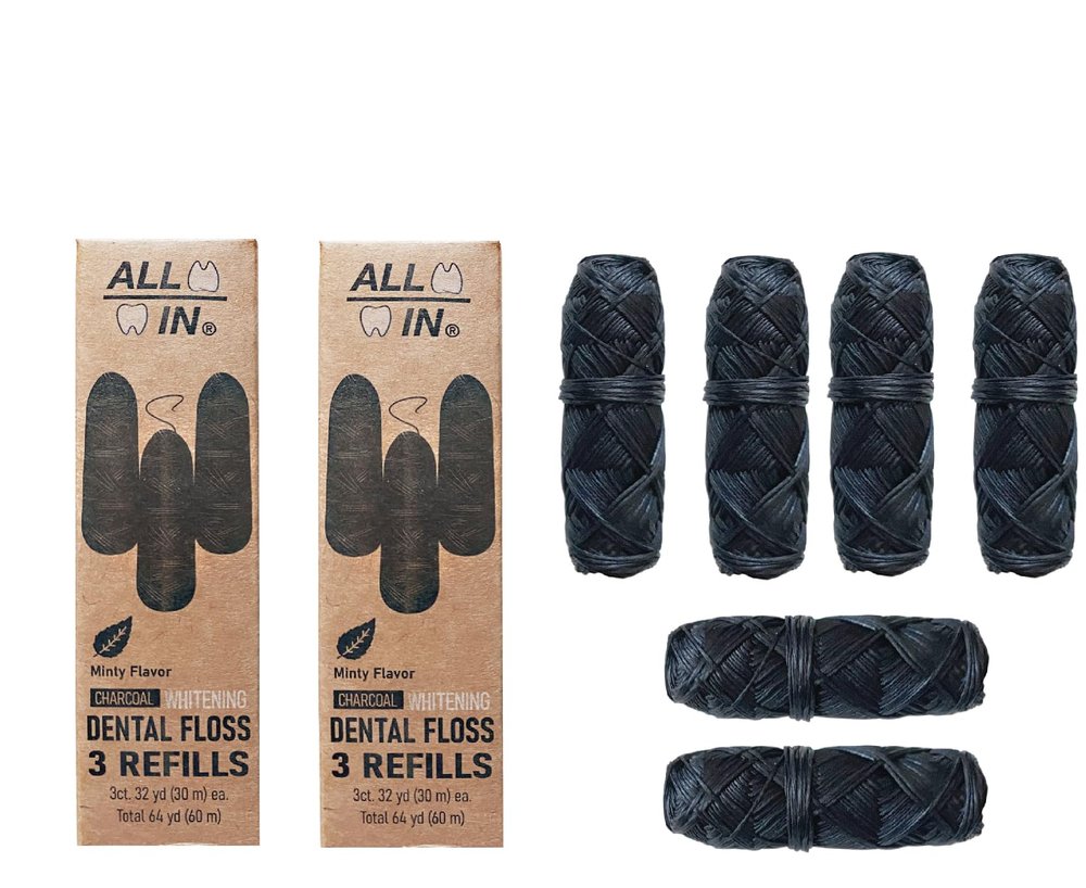 ALL IN Charcoal Floss Refills 6 x 32 Yds Each - Activated Charcoal Dental Floss Refills Only - Unique Stocking Stuffer - BPA Free, Plant Based No PFAS Mint Floss for Plaque Removal, Fresh Breath (6)