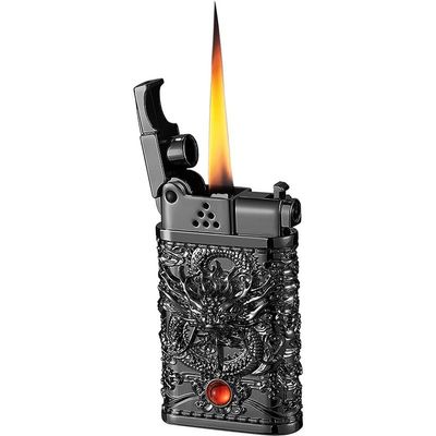 HUZHUAN Carved Dragon Antique Lighter, Cool Windproof Lighter, Reusable Kerosene Grinding Wheel Lighter, Suitable for Collection, Decoration, Gift, Gift (no Fuel)(Black)