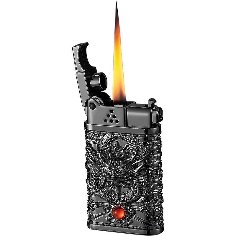 HUZHUAN Carved Dragon Antique Lighter, Cool Windproof Lighter, Reusable Kerosene Grinding Wheel Lighter, Suitable for Collection, Decoration, Gift, Gift (no Fuel)(Black)