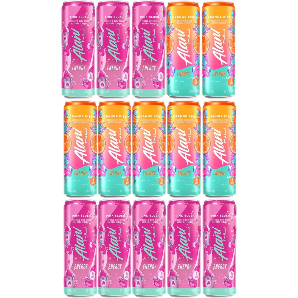 Alani Energy Drinks Variety Pack - (Pack Of 15) - 2 Different Flavors : Pink Slush and Orange Kiss - 12 fl.oz. Can - By The Munchie Mix