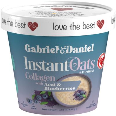 Gabriel & Daniel Instant Oatmeal w/Blueberries, Aa & Collagen Non-GMO, Pure and Organic Gluten Free Oats High Protein & Fiber for Skin, Heart & Brain Health Quick & Easy Breakfast (Single Cup)