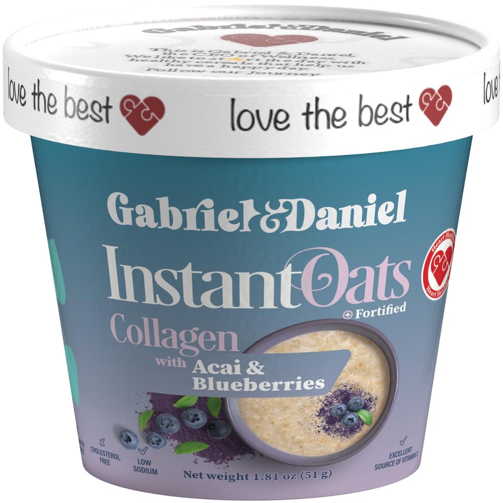 Gabriel & Daniel Instant Oatmeal w/Blueberries, Aa & Collagen  Non-GMO, Pure and Organic Gluten Free Oats  High Protein & Fiber for Skin, Heart & Brain Health  Quick & Easy Breakfast (Single Cup)