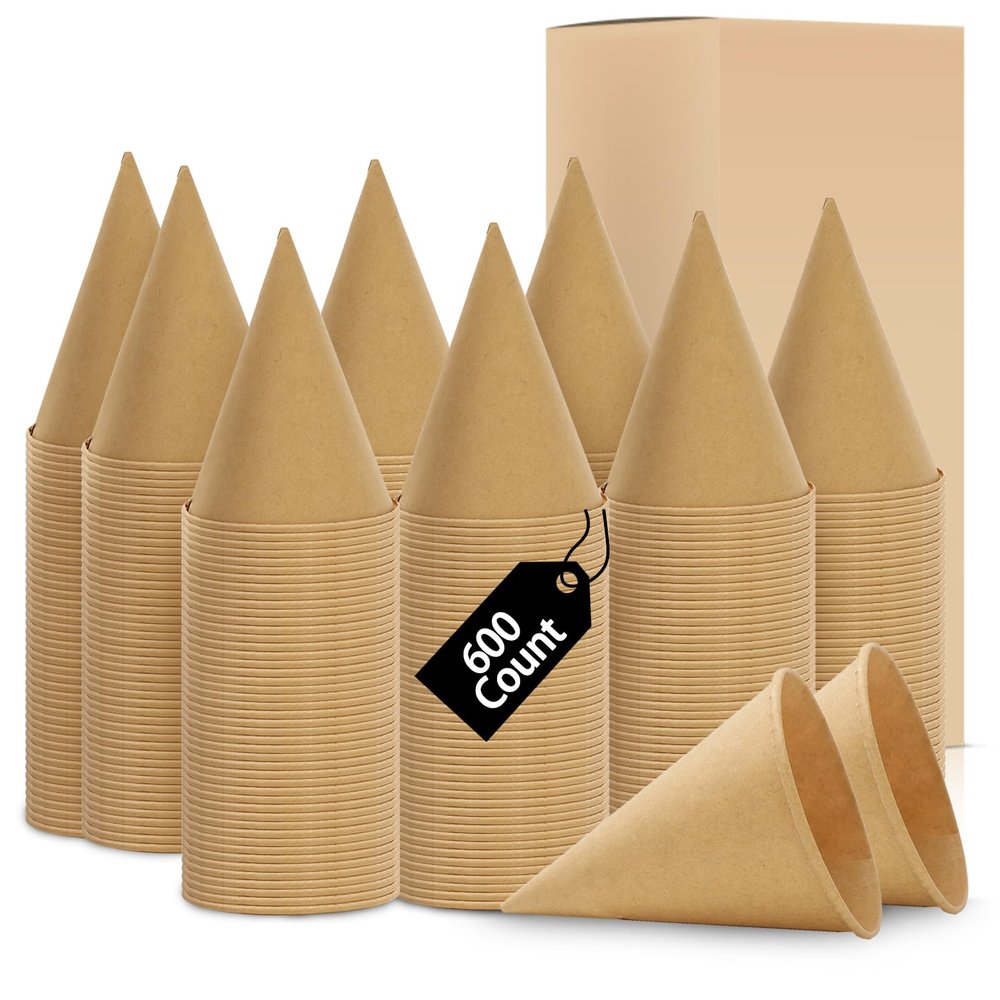 JarThenaAMCS 600Pcs Kraft Paper Snow Cone Cups 4 OZ Brown Cone Cups Disposable Shaved Ice Cups with Box for Shaved Ice Picnic Party Chocolate Desserts Packing Supplies