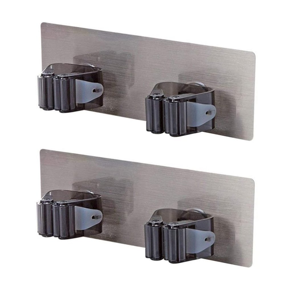 BUUEERR Pack of 2 Mop Holders Self-Adhesive Sticker Broom Gripper for Wall-Mounted Cleaning Tools Organizer