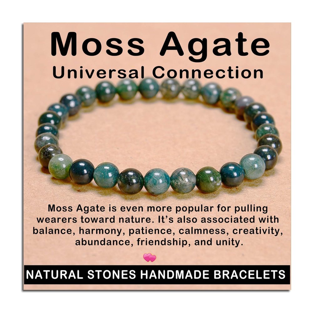 AD Beads Handmade Gemstone Stretch Elastic Bracelet Crystal Healing Reiki Nature's Beauty and Spiritual Essence Unisex (6mm, Moss Agate (Universal Connection))