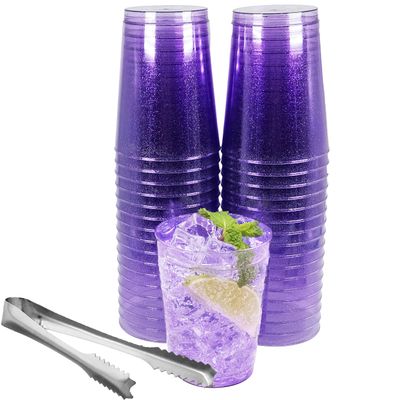 50pc 10oz Purple Glitter Plastic Cups and 1 Silver Ice Tong Set - Disposable Cocktail Glasses - Plastic Wine Cups - Purple Party Decorations - Purple Party Supplies