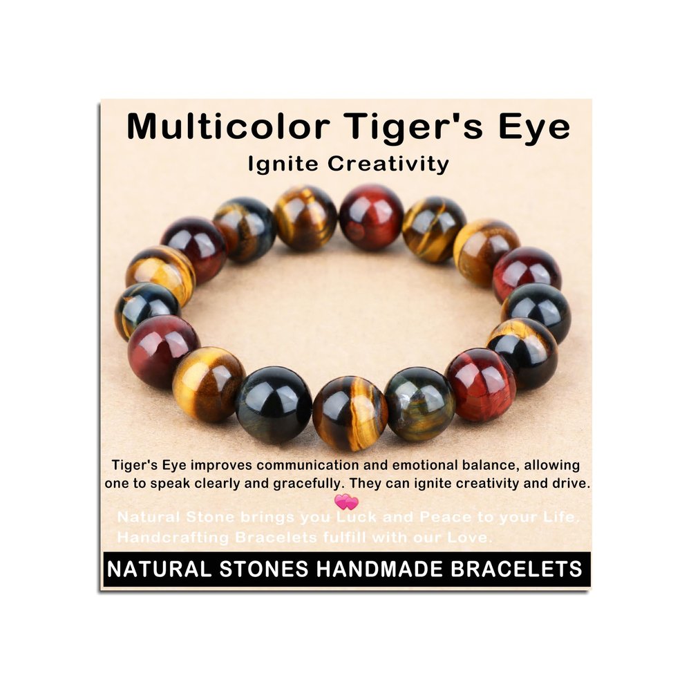 AD Beads Handmade Gemstone Stretch Elastic Bracelet Crystal Healing Reiki Nature's Beauty and Spiritual Essence Unisex (12mm, Multicolor Tiger's Eye (Ignite Creativity))