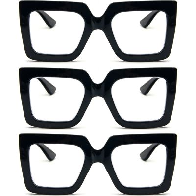 REAVEE 3 Pack Oversized Reading Glasses for Women Large Frame Extra Wide, Blue Light Blocking Readers Stylish Square Thick Eyewear,Black, 1.25