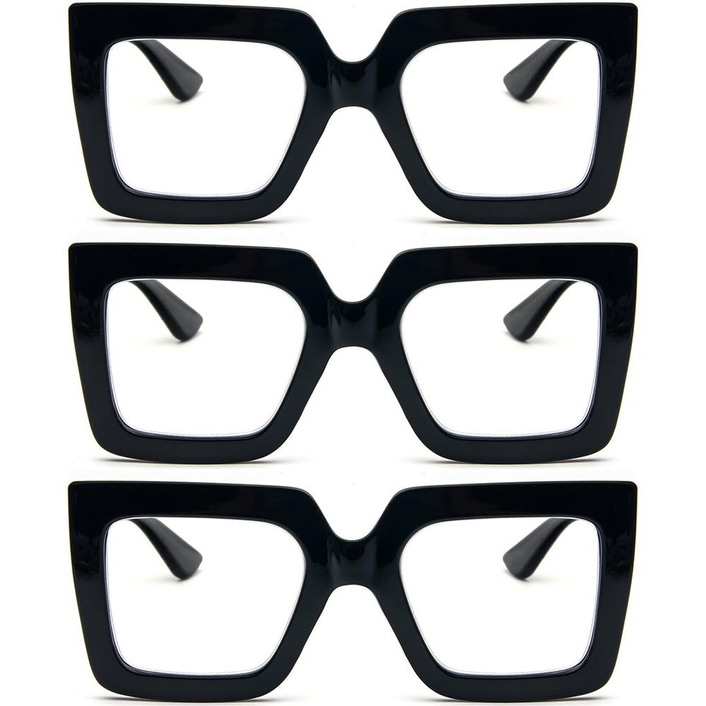 REAVEE 3 Pack Oversized Reading Glasses for Women Large Frame Extra Wide, Blue Light Blocking Readers Stylish Square Thick Eyewear,Black, 1.25