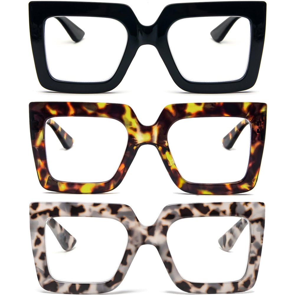 REAVEE 3 Pack Oversized Reading Glasses for Women Large Frame Extra Wide, Blue Light Blocking Readers Stylish Square Thick Eyewear,Black+Leopard+Grey Leopard, 2.75