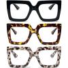REAVEE 3 Pack Oversized Reading Glasses for Women Large Frame Extra Wide, Blue Light Blocking Readers Stylish Square Thick Eyewear,Black+Leopard+Grey Leopard, 2.75 view 1
