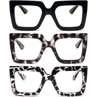 REAVEE 3 Pack Oversized Reading Glasses for Women Large Frame Extra Wide, Blue Light Blocking Readers Stylish Square Thick Eyewear,Black+Black Leopard+Clear Leopard, 3.5