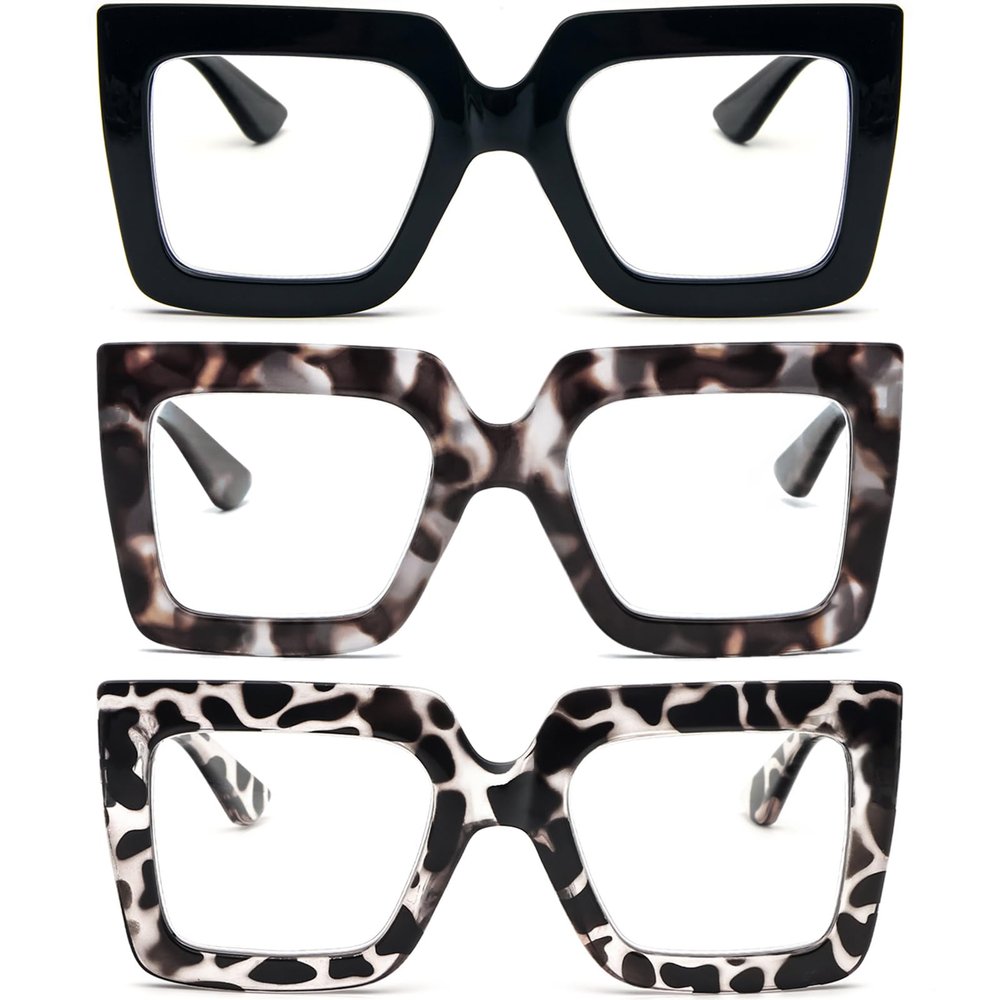 REAVEE 3 Pack Oversized Reading Glasses for Women Large Frame Extra Wide, Blue Light Blocking Readers Stylish Square Thick Eyewear,Black+Black Leopard+Clear Leopard, 3.5