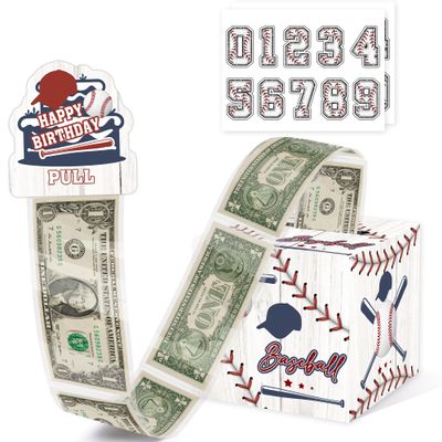 Baseball Birthday Money Gift Box with DIY Stickers for Any Age, Surprise Money Boxes for Cash Gift with Pull Out Happy Birthday Day Card and 100Pcs Transparent Bags for Boys Girls Birthday Party