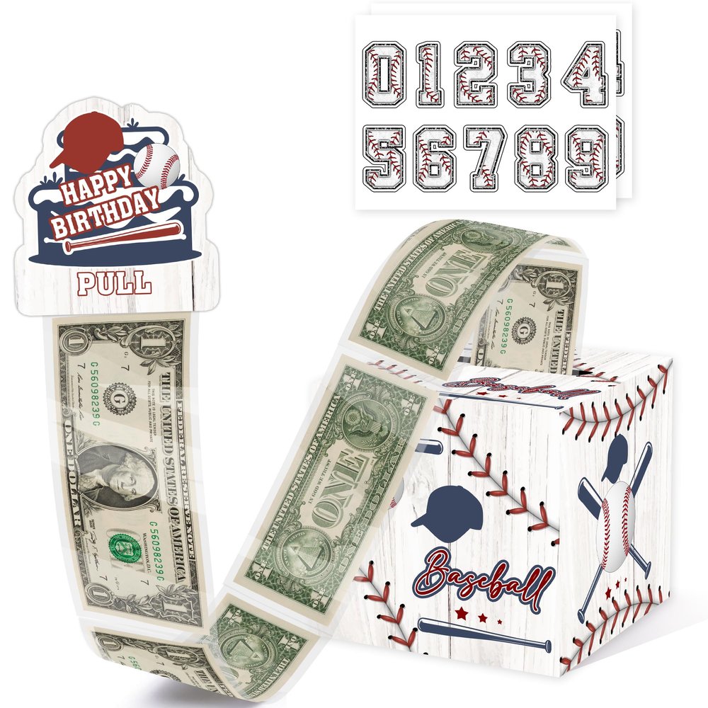 Baseball Birthday Money Gift Box with DIY Stickers for Any Age, Surprise Money Boxes for Cash Gift with Pull Out Happy Birthday Day Card and 100Pcs Transparent Bags for Boys Girls Birthday Party