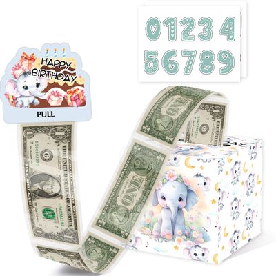 Misaidou Elephant Happy Birthday Money Gift Box with DIY Stickers for Any Age, Surprise Money Boxes for Cash Gift with Pull Out Happy Birthday Day Card and 100Pcs Transparent Bags for Boys Girls