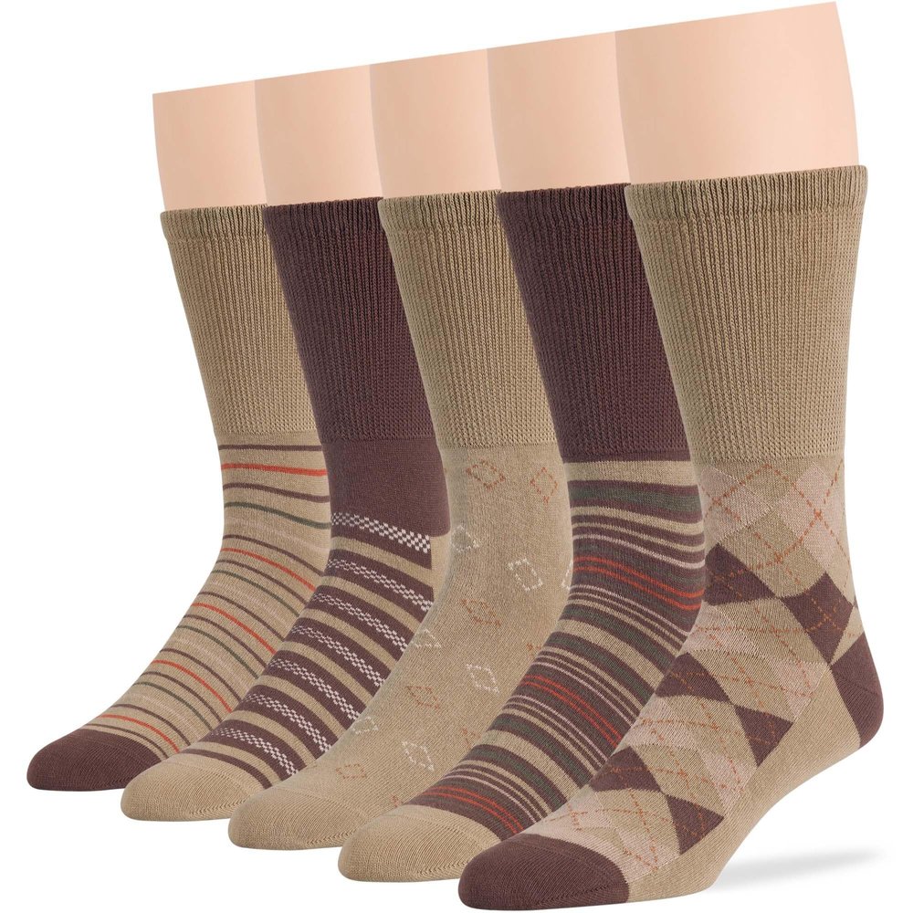 7BigStars Kingdom Men's Diabetic Extra Wide Dress Crew Socks - 5 Pack Large - Argyle, Stripe, Geometric Pattern - Sock Size 10-13 Shoe Size 9-12 L Khaki, Brown, Beige