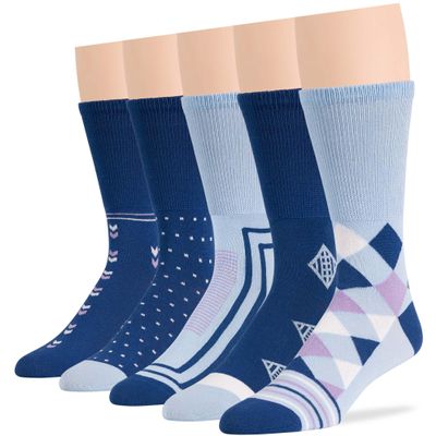 7BIGSTARS KINGDOM Men's Diabetic Novelty Non-Binding Crew Socks - 5 Pack Big Tall - Argyle, Dot, Geometric Pattern - Sock Size 13-15 Shoe Size 12-15 XL Denim Blue, Light Blue
