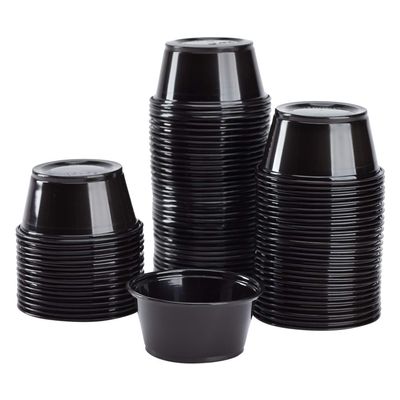 FAMASTON 50 Pack 4oz Portion Cups plastic containers disposable small tiny dipping shot Black food serving sauce 4 ounce oz mini bowls individual dessert jello snack souffle salsa dip jars party