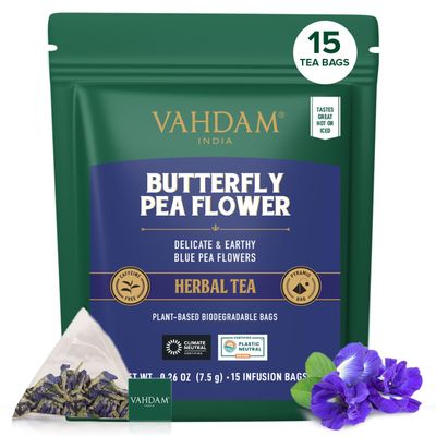 VAHDAM, Butterfly Pea Flower (15 Pyramid Bags) Vegan, Non-GMO | Delicate & Earthy | Direct From Source  Plant-Based Biodegradable | Brew Iced Tea, Cooking, Mocktails & Cocktails