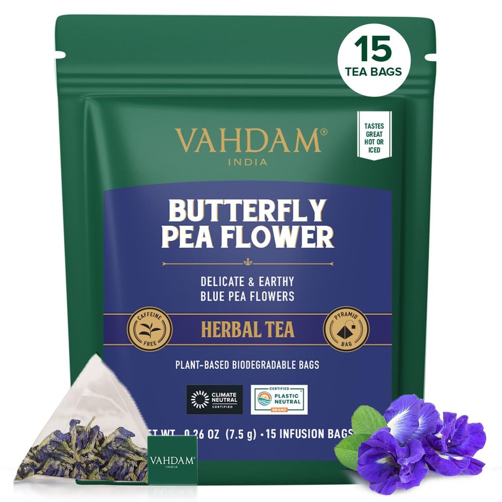 VAHDAM, Butterfly Pea Flower (15 Pyramid Bags) Vegan, Non-GMO | Delicate & Earthy | Direct From Source  Plant-Based Biodegradable | Brew Iced Tea, Cooking, Mocktails & Cocktails