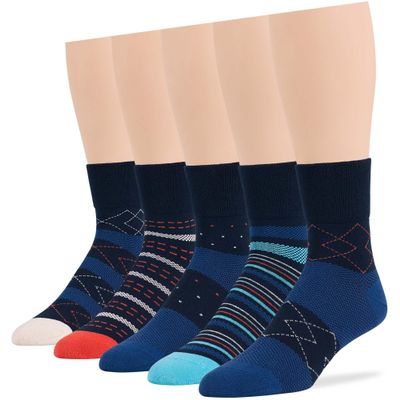 7BIGSTARS KINGDOM Men Diabetic Non-Binding Cotton Quarter Socks - 5 Pack Big Tall - Geometric, Stirpe, Dot Pattern - Sock Size 13-15 Shoe Size 12-15 XL Navy Blue, Denim Blue, Orange