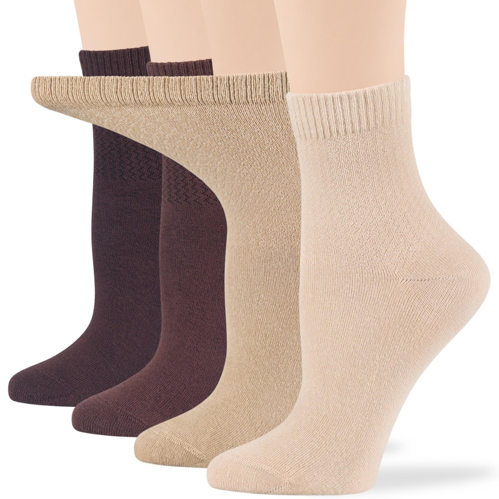 7BIGSTARS KINGDOM Women's Cotton Diabetic Quarter Non-Binding Loose Fit - 4 Pack Medium-Extra Wide - Sock Size 9-11 Shoe Size 5-9 M Light Beige, Beige, Brown, Dark Brown