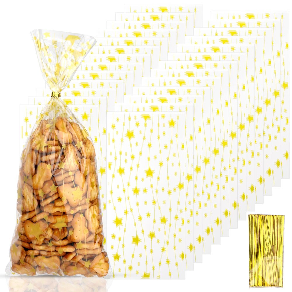 najdeiuyt 100Pcs Cellophane Treat Bags, 5 x11 Inch Clear Candy Bags Goodie Gift Party Favor Bag, Star Printed Plastic Treat Bag with Ties for Bakery, Candy Buffet, Cookie, Birthday Wedding Party