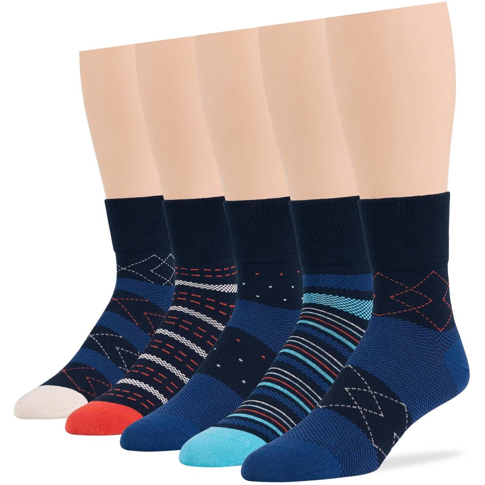 7BIGSTARS KINGDOM Men's Diabetic Extra Wide Fashion Cotton Quarter Socks - 5 Pack - Geometric, Stirpe, Dot Pattern- Sock Size 10-13 Shoe Size 9-12 L Navy Blue, Denim Blue, Orange
