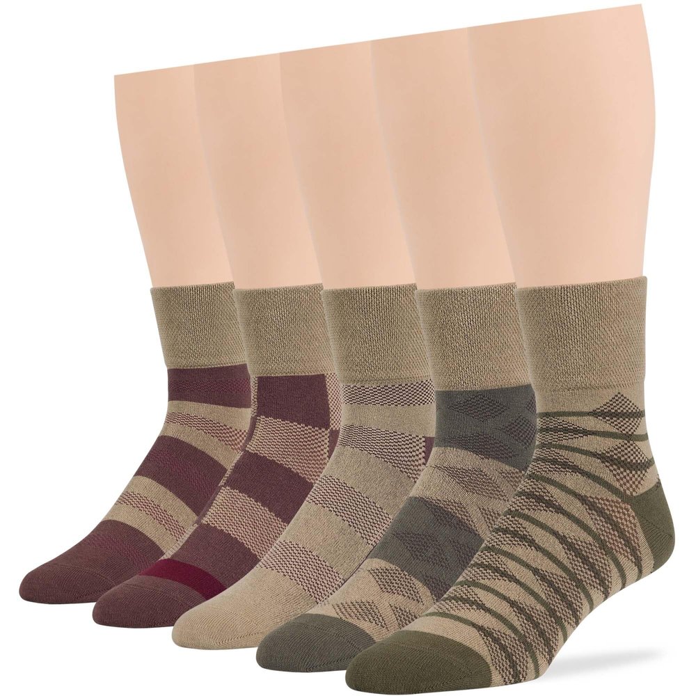 7BIGSTARS KINGDOM Men's Diabetic Loose Cotton Quarter Socks - 5 Pack - Geometric, Stripe Pattern - Sock Size 10-13 Shoe Size 9-12 L Khaki, Brown, Olive Green