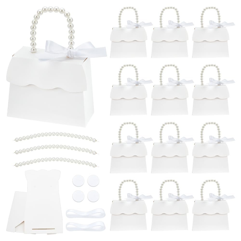 BENECREAT 16 Sets White Wedding Favors Box DIY Set, Kraft Paper Box with Pearl Handle, Ribbons, Stickers, Gift Boxes for Birthday, Party Favor, Boutique, Wedding and Anniversary
