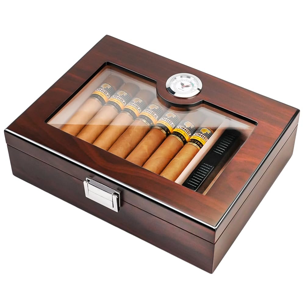 Bald Eagle Cigar Humidor, Handmade Cigar Box with Humidifier Hygrometer, Cedar Wood Glass Top Case, Hold 15-20 Cigars