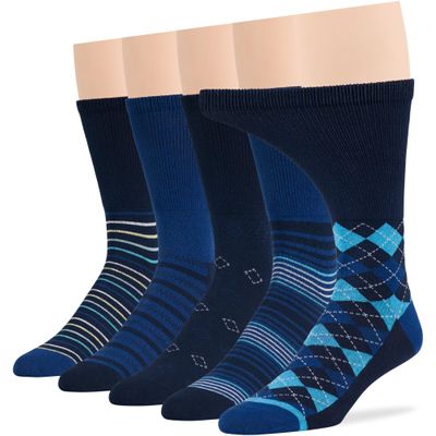 7BigStars Kingdom Men's Diabetic Loose Dress Fashion Crew Socks - 5 Pack Big Tall - Argyle, Stripe, Geometric Pattern - Sock Size 13-15 Shoe Size 12-15 XL Navy Blue, Denim Blue