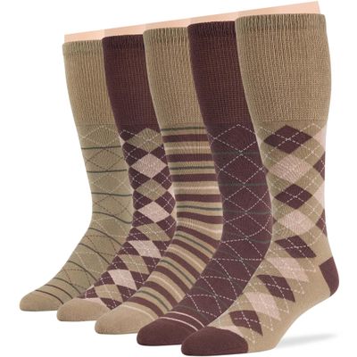 7BigStars Men's Diabetic Extra Wide Cotton Dress Business Mid Calf Socks - 5 Pack Large - Argyle, Stripe, Geometric - Sock Size 10-13 Shoe Size 9-12 L Khaki, Brown