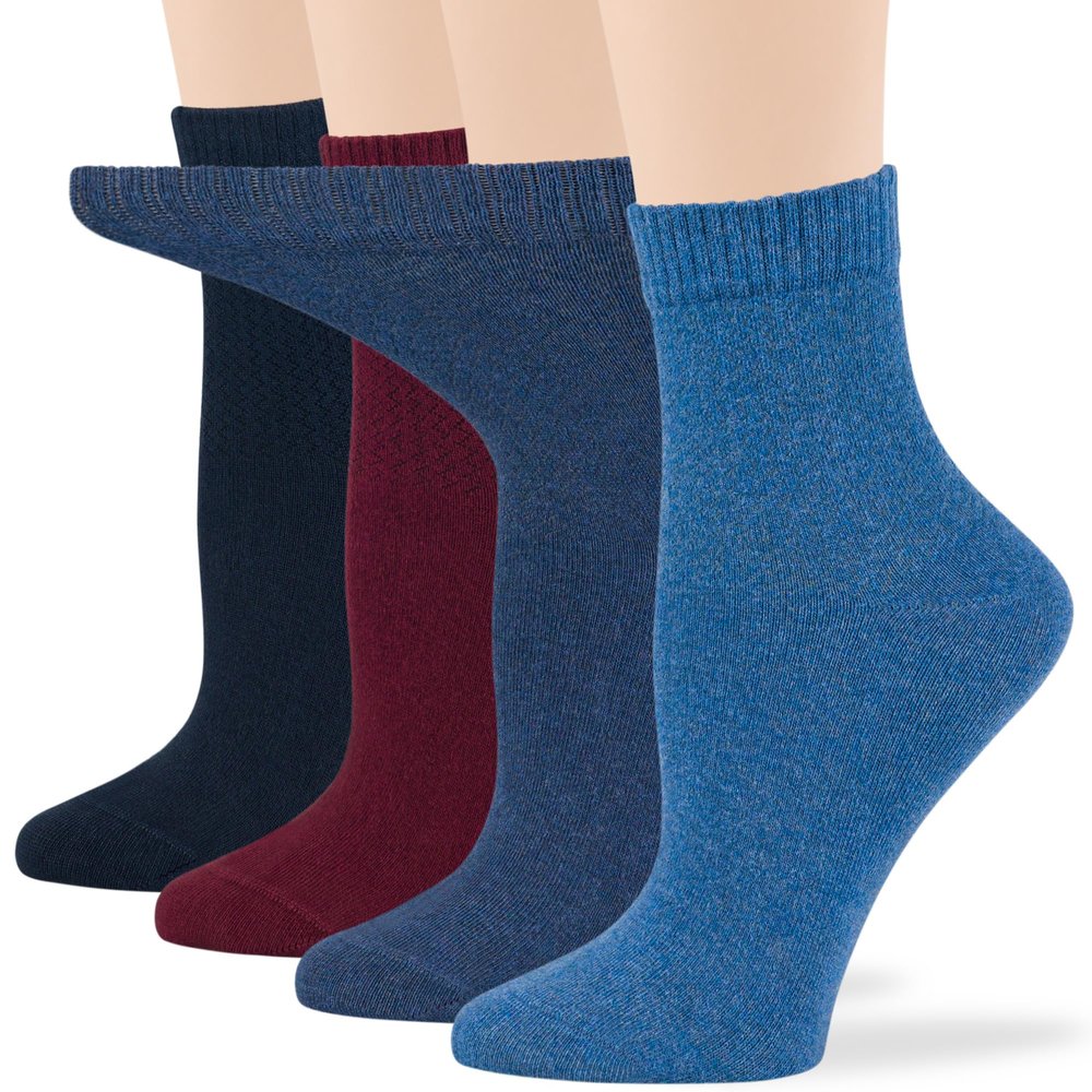 7BIGSTARS KINGDOM Women's Cotton Diabetic Quarter Non-Binding Loose Fit - 4 Pack Medium-Extra Wide - Sock Size 9-11 Shoe Size 5-9 M Dark Navy, Burgundy, Light Navy, Denim Blue
