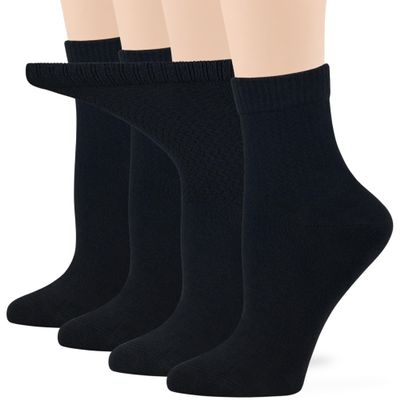 7BIGSTARS KINGDOM Women's Cotton Diabetic Quarter Socks, Non-Binding Exra Wide - 4 Pack Large - Solid Seamless - Sock Size 10-12 Shoe Size 8-12 L Black